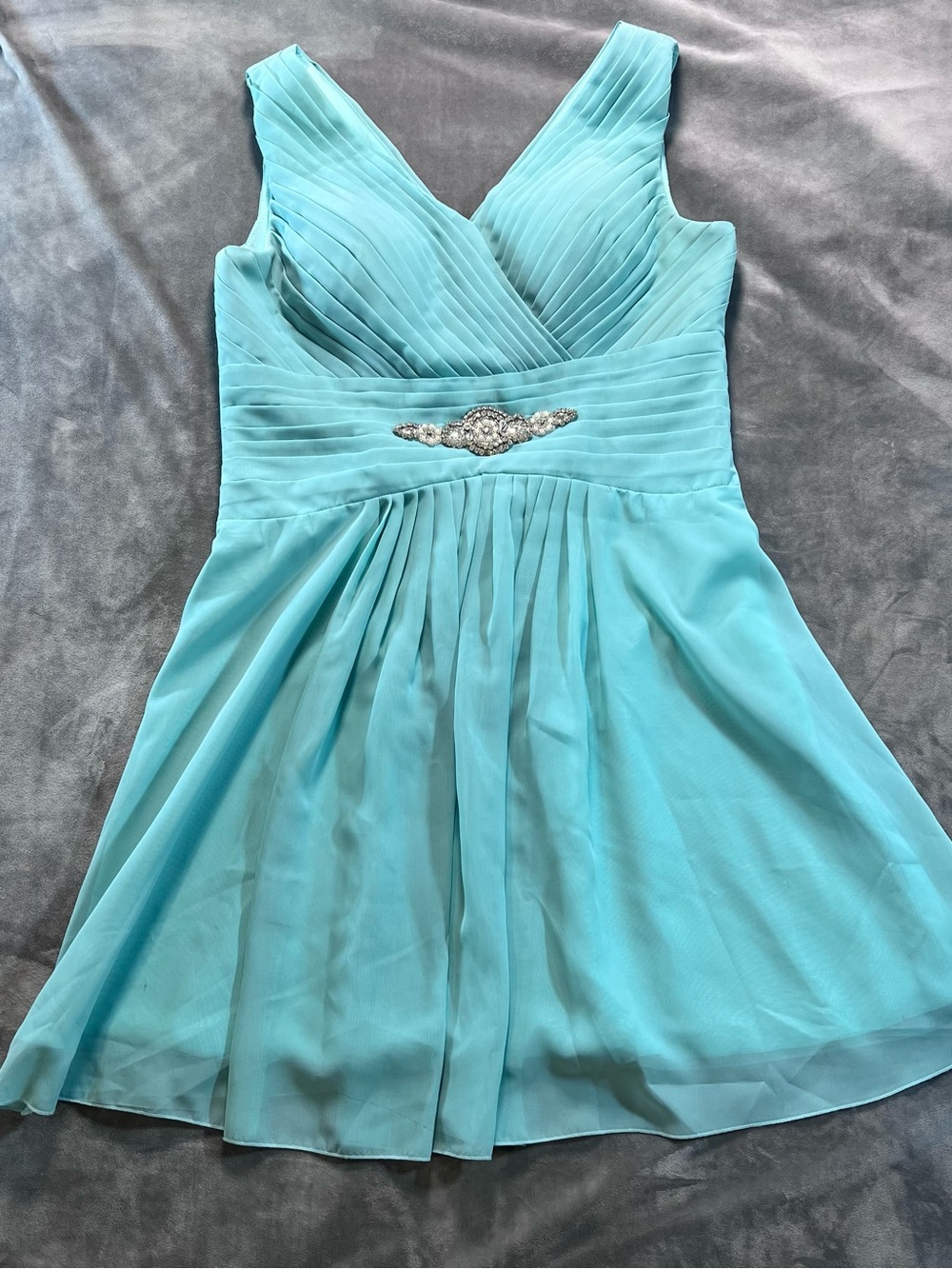 Sleeveless Aqua V-Neck Mini Dress with Crystal Waist Accent
